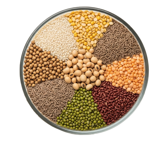 A large bowl displaying a variety of agro commodities